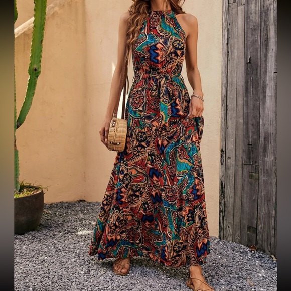 Boho print belted halter maxi dress PAST FEW - Picture 4 of 6